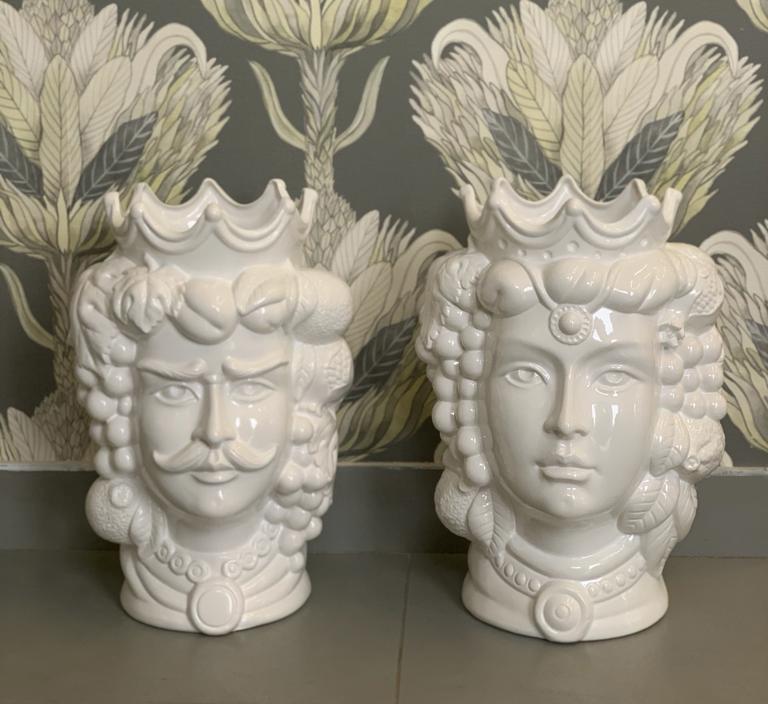 4681.40 Teste di Moro in Ceramica Siciliana H Cm.35X23 Smaltate Bianche - immagine 6