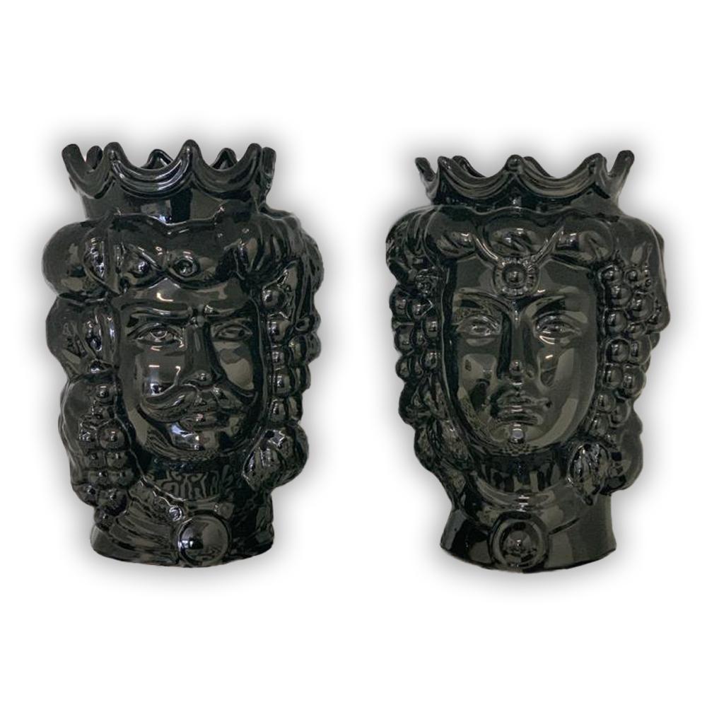 4681.50 Teste di Moro in Ceramica Siciliana H Cm.35x23 Smaltate Nere Lucide - immagine 4