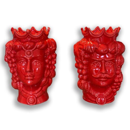 4681.51 Teste di Moro in Ceramica Siciliana H Cm.35x23 Smaltate Rosso Lucido