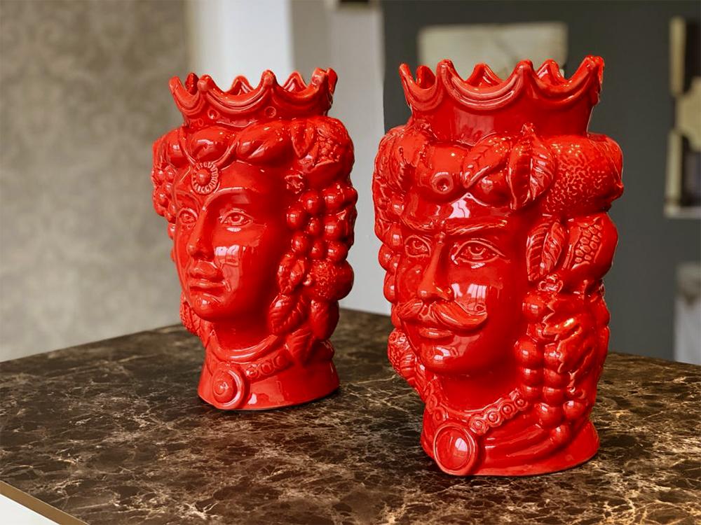 4681.51 Teste di Moro in Ceramica Siciliana H Cm.35x23 Smaltate Rosso Lucido - immagine 4