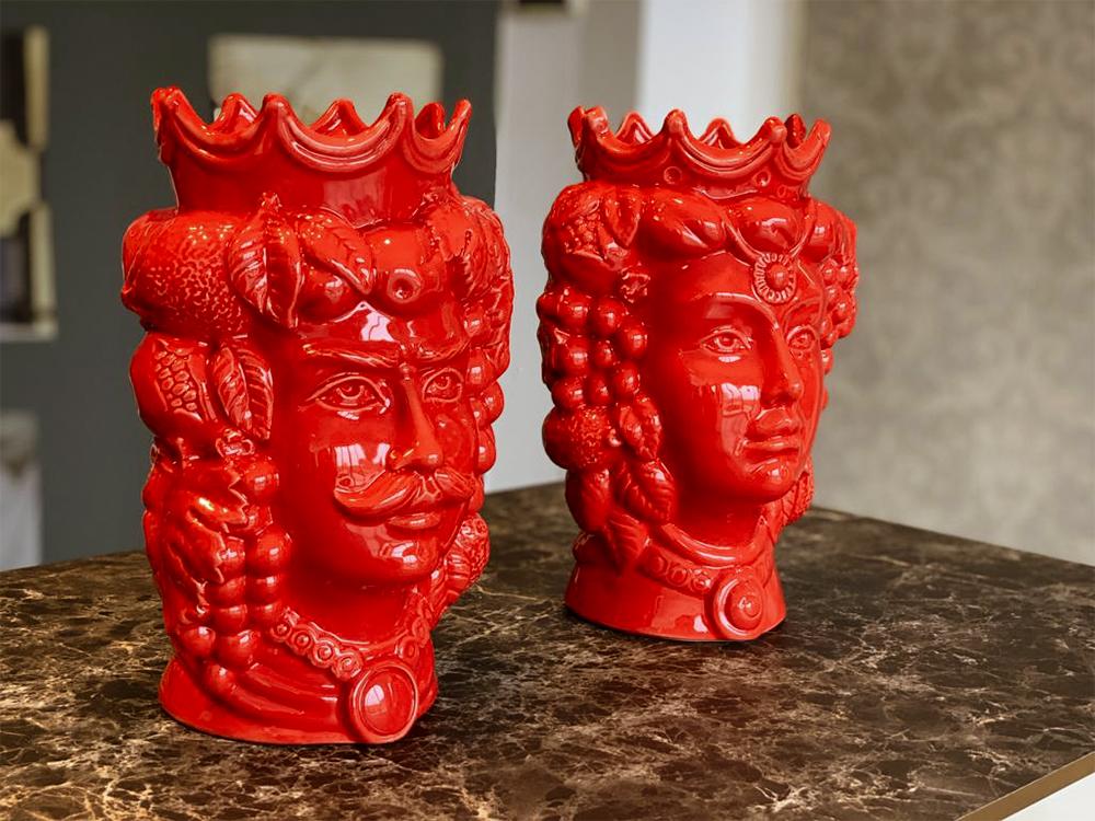 4681.51 Teste di Moro in Ceramica Siciliana H Cm.35x23 Smaltate Rosso Lucido - immagine 5