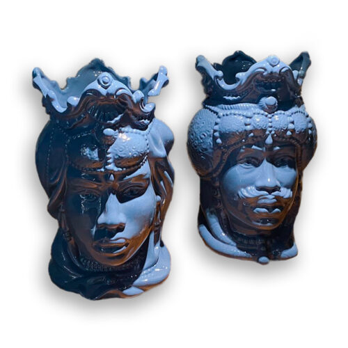 4682.53 Teste di Moro in Ceramica Siciliana H Cm.25x18 Smaltate Azzurro Lucido.