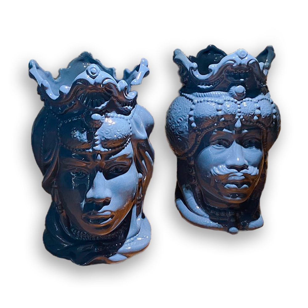 4682.53 Teste di Moro in Ceramica Siciliana H Cm.25x18 Smaltate Azzurro Lucido.