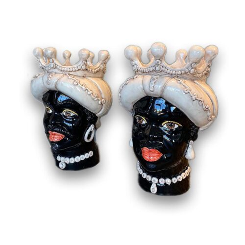 4690.41 Teste di Moro in Ceramica Siciliana H.40 Cm. Forgiate e Decorate a Mano.