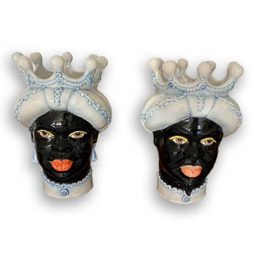 4690.42 Teste di Moro in Ceramica Siciliana H Cm.40x28 Forgiate e Decorate a Mano.
