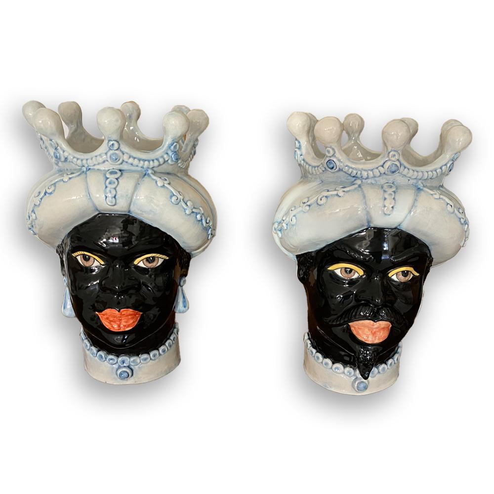 4690.42 Teste di Moro in Ceramica Siciliana H Cm.40x28 Forgiate e Decorate a Mano.