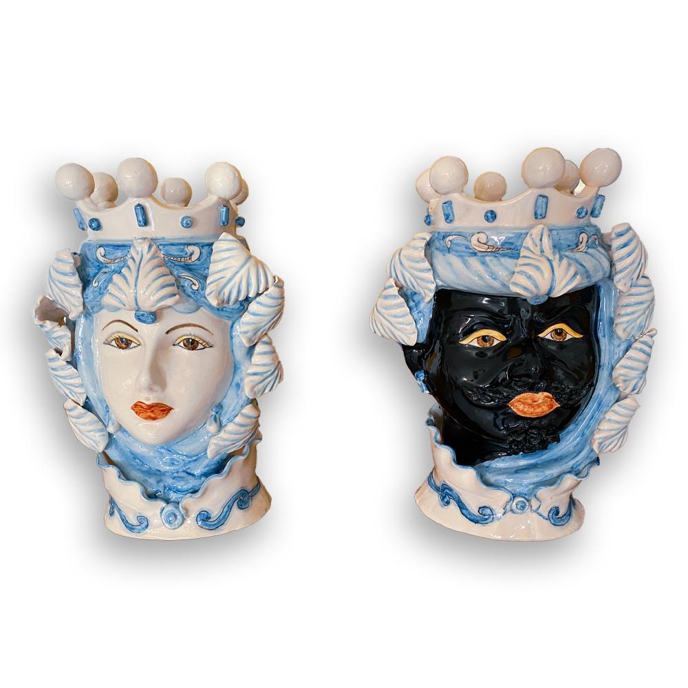 4691.42 Teste di Moro in Ceramica Siciliana H Cm.40x28 Forgiate e Decorate a Mano