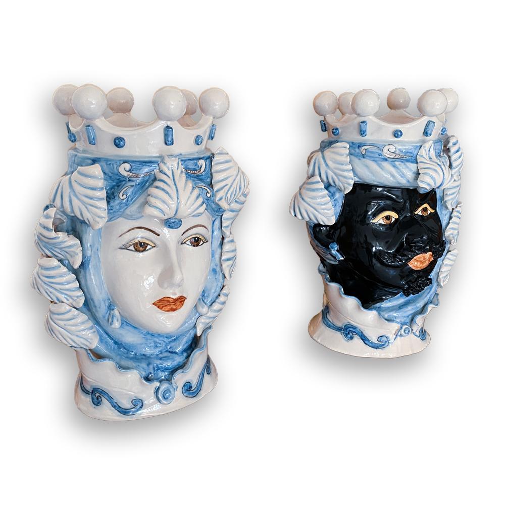 4691.42 Teste di Moro in Ceramica Siciliana H Cm.40x28 Forgiate e Decorate a Mano - immagine 3
