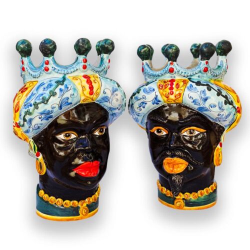 4690.46 Teste di Moro in Ceramica Siciliana H Cm.28x40 Forgiate e Decorate a Mano.