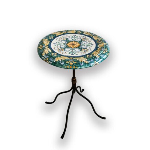 8001.04 Tavolo in Cotto D. 55 cm Decorato a Mano Decoro 04 con Base in Ferro Bronzato.