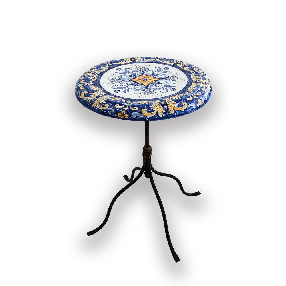 8001.05 Tavolo in Cotto D. 55 cm Decorato a Mano Decoro 05 con Base in Ferro Bronzato.