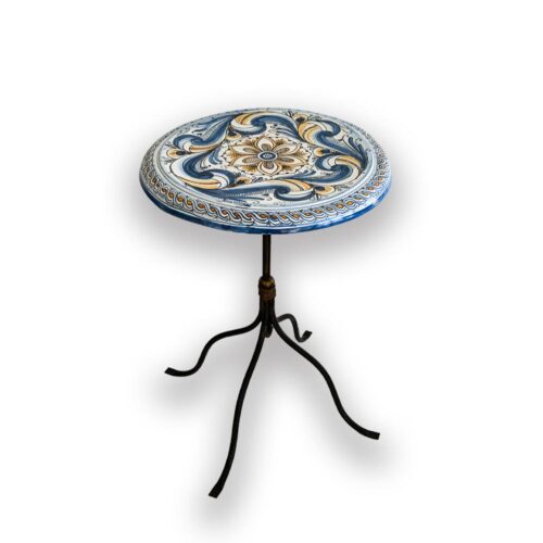 8001.07 Tavolo in Cotto D. 55 cm Decorato a Mano Decoro 07 con Base in Ferro Bronzato.